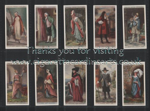English Period Costumes cigarette cards set by b.A.T. 1929 plain backs, strong sharp corners, excellent condition