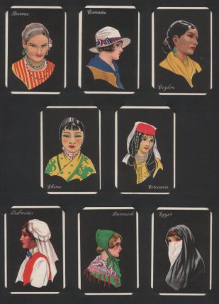 Girls of Many Lands 1929 large size, set of 50 cigarette cards beautiful girls on black background, excellent condition